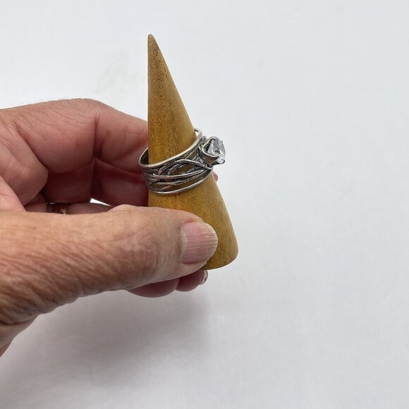 Handcrafted 925 Silver Ring With Large Clear Gemstone Intricate Band Design Size - Picture 10 of 10